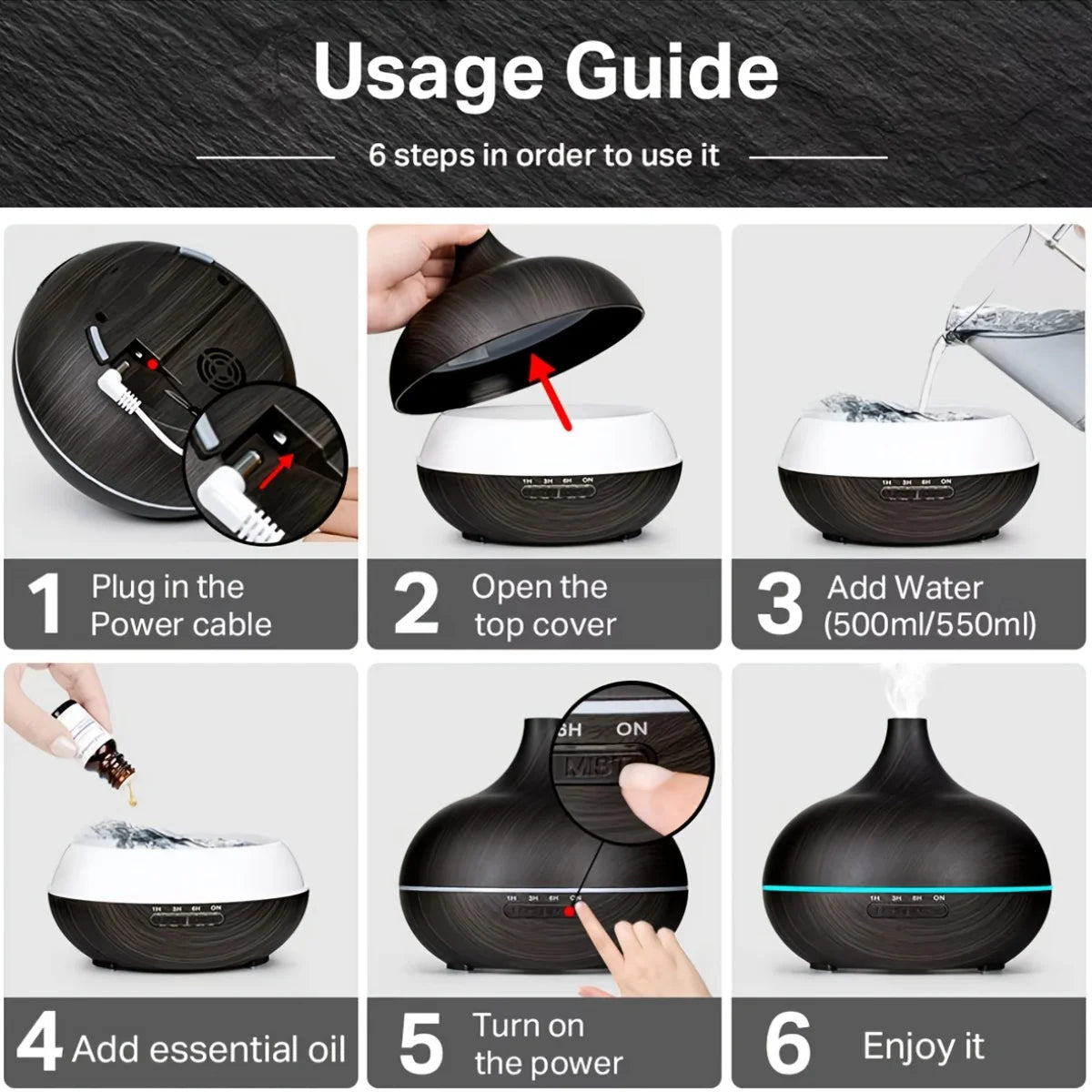 Miflame Diffuser With 6 Essential Oil Bottles And LED Lights