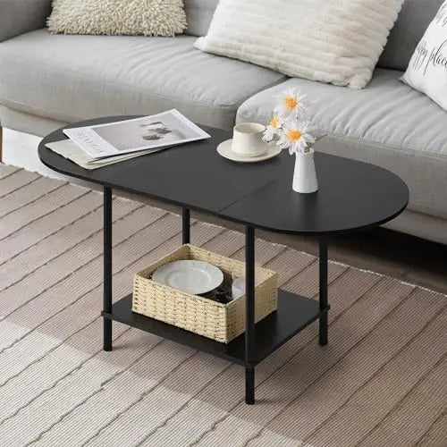 Folded 2 Tier Oval Wood Coffee Table With Storage Shelf