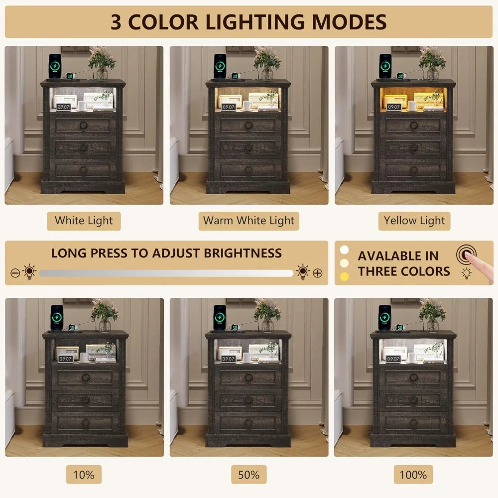 Farmhouse Nightstand With Charging Station And LED Light