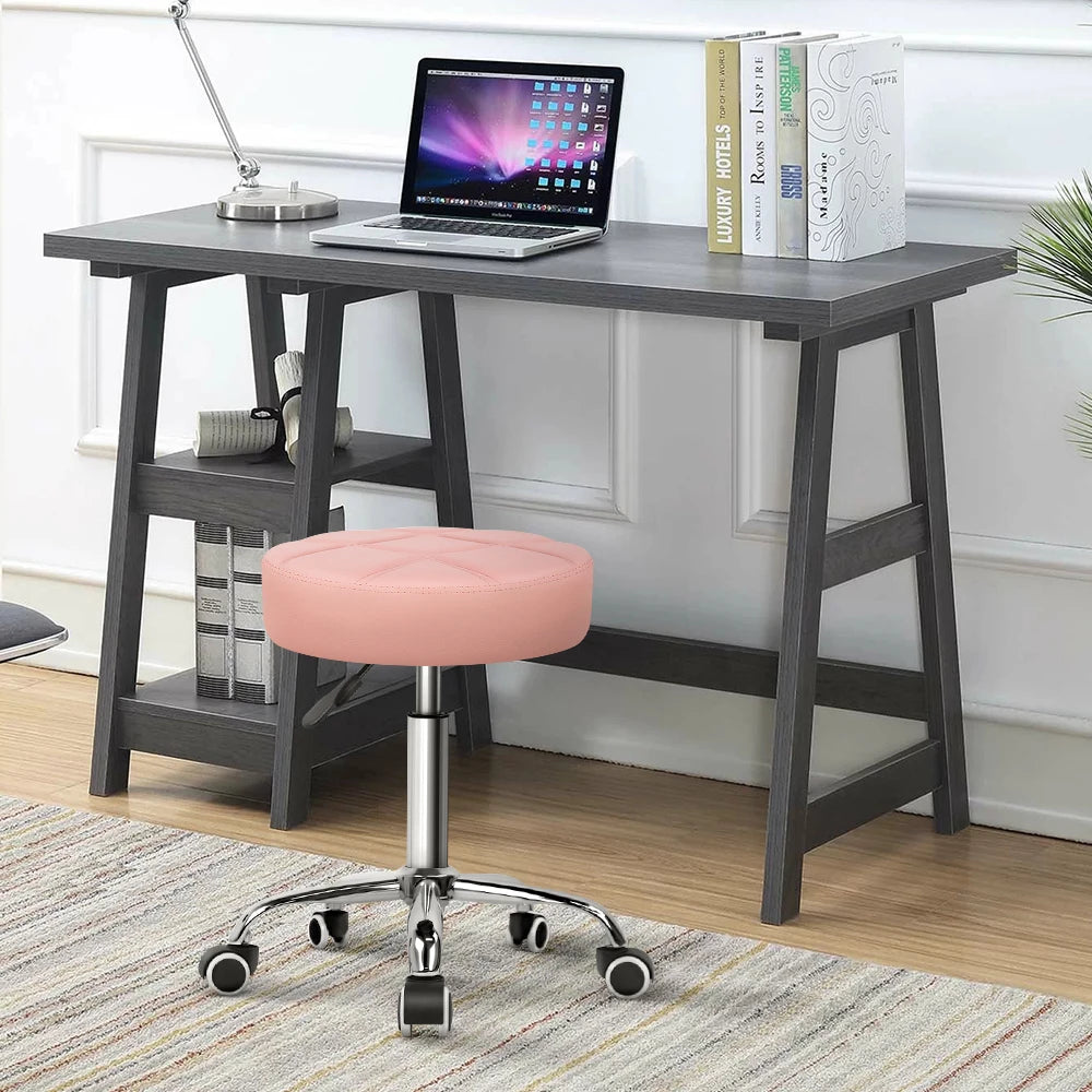 KKTONER Round Rolling Stool Chair PU Leather Height Adjustable Swivel