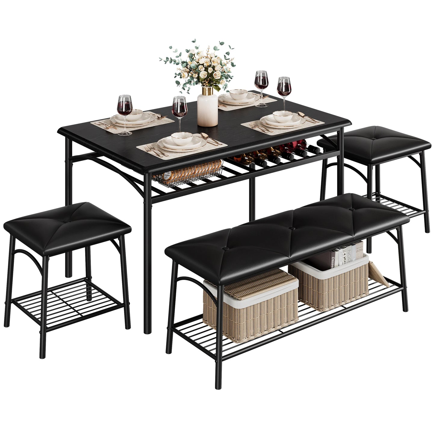 HobbyLane 4-Seat Dining Table Set with Upholstered Bench and Stools