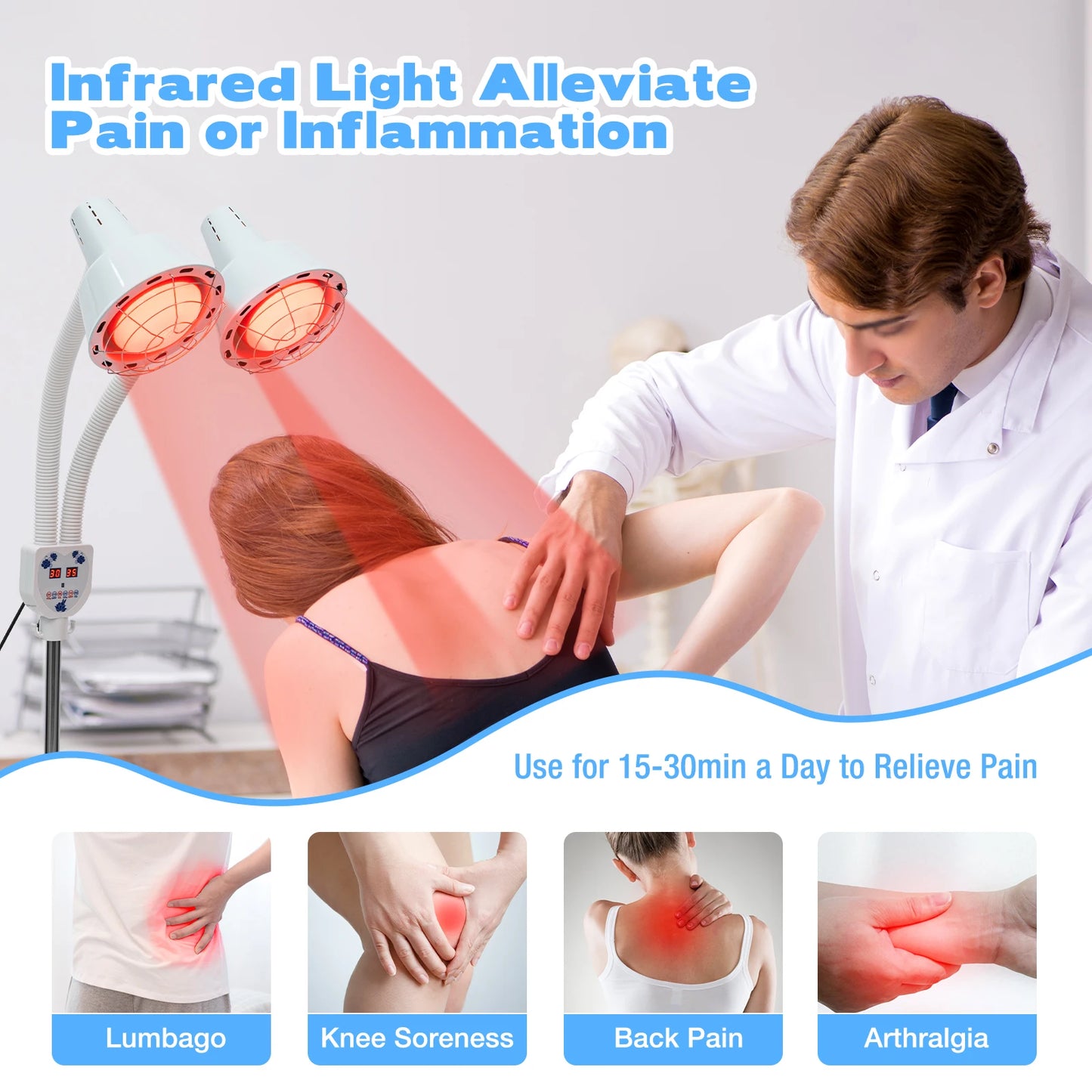 275W Two-headed Infrared Heat Lamp, Adjustable Beauty Timer Light, 360° Rotatable Health Care Heating Lamps