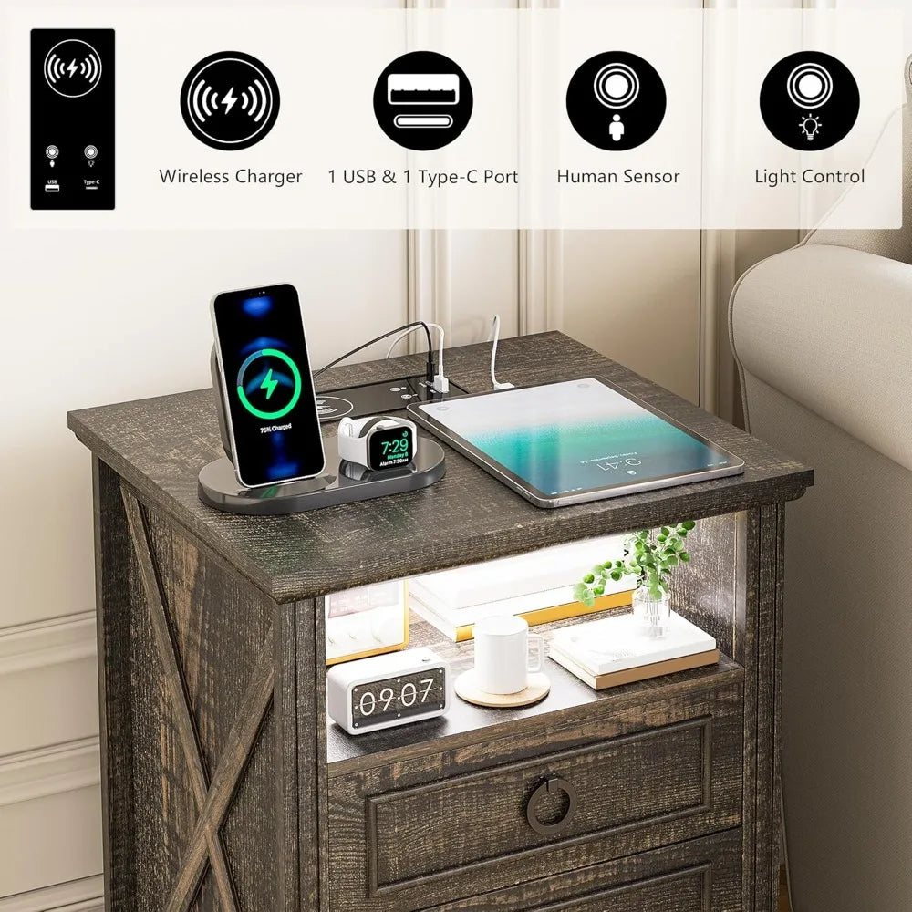 Farmhouse Nightstand With Charging Station And LED Light