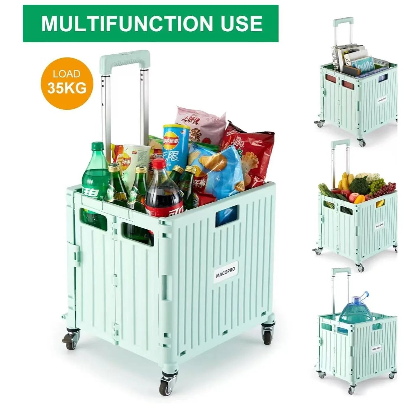 Foldable shopping cart with extendable handle and wheels, foldable multi-function storage cart