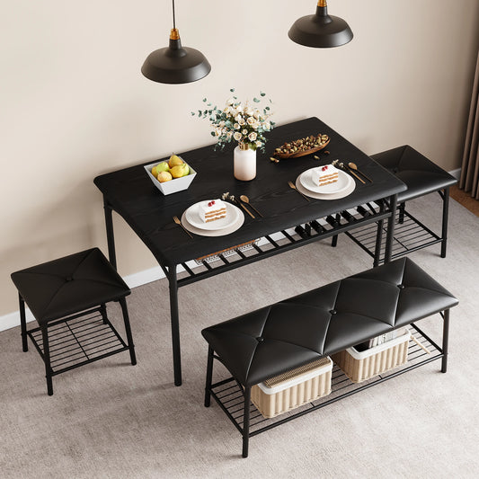 HobbyLane Dining Table Set With Upholstered Bench And Square Stools