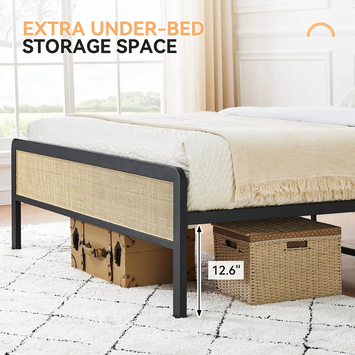 Origin Metal Bed Frame With Rattan Headboard And Footboard Storage