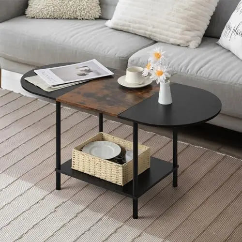 Folded 2 Tier Oval Wood Coffee Table With Storage Shelf