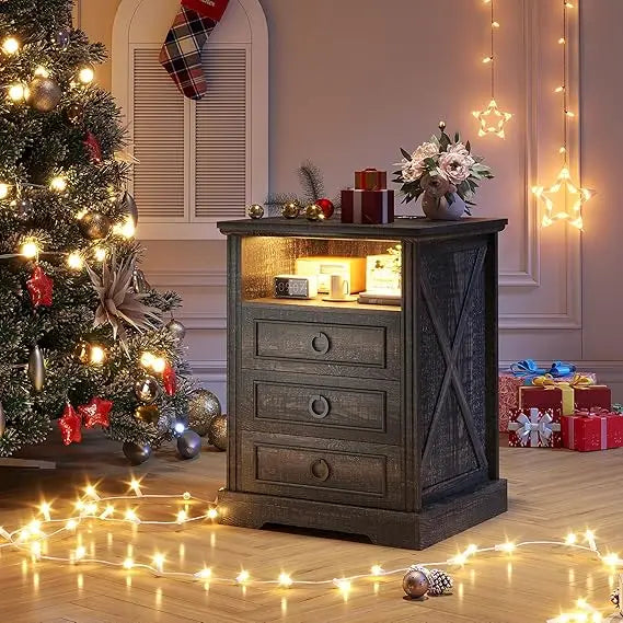 Farmhouse Nightstand With Charging Station And LED Light