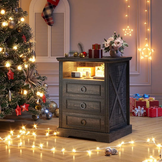 Farmhouse Nightstand With Charging Station And LED Light