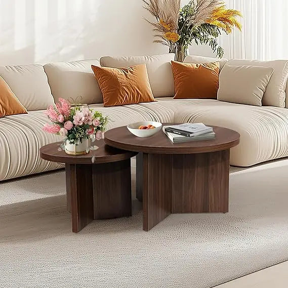 RBXC Round Nesting Coffee Tables Set Of 2 With Wood Grain Finish