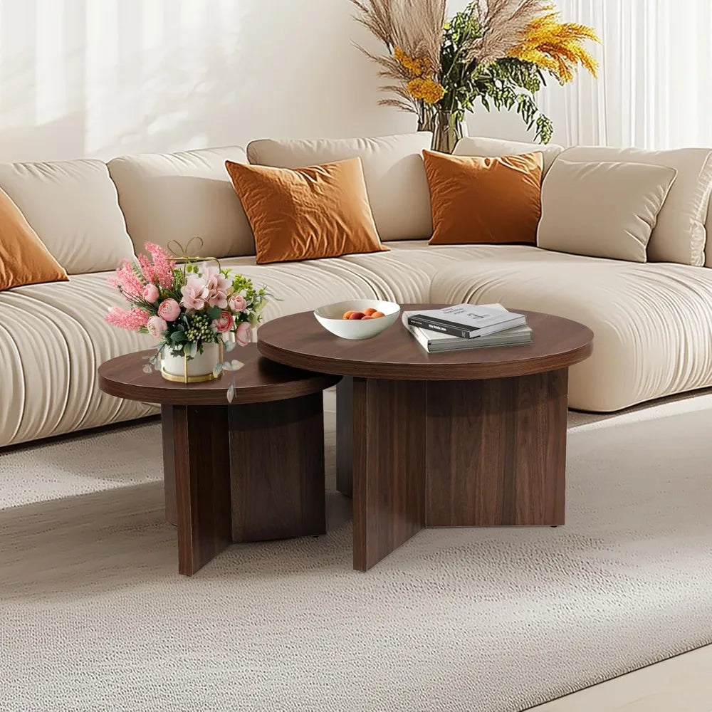 RBXC Round Nesting Coffee Tables Set Of 2 With Wood Grain Finish