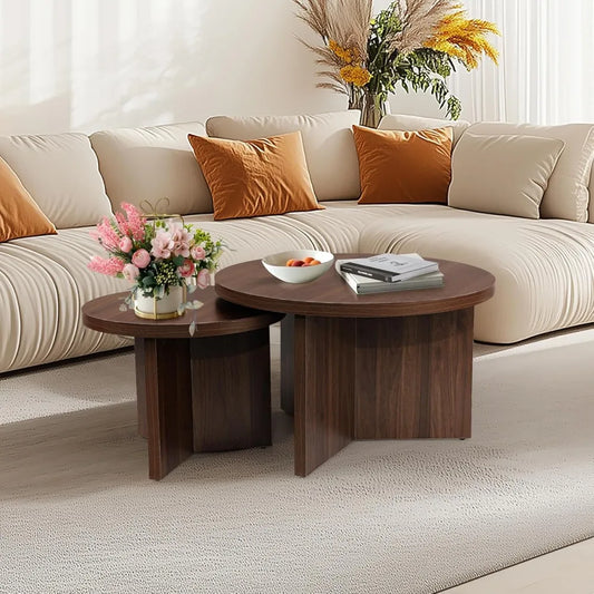 RBXC Round Nesting Coffee Tables Set Of 2 With Wood Grain Finish