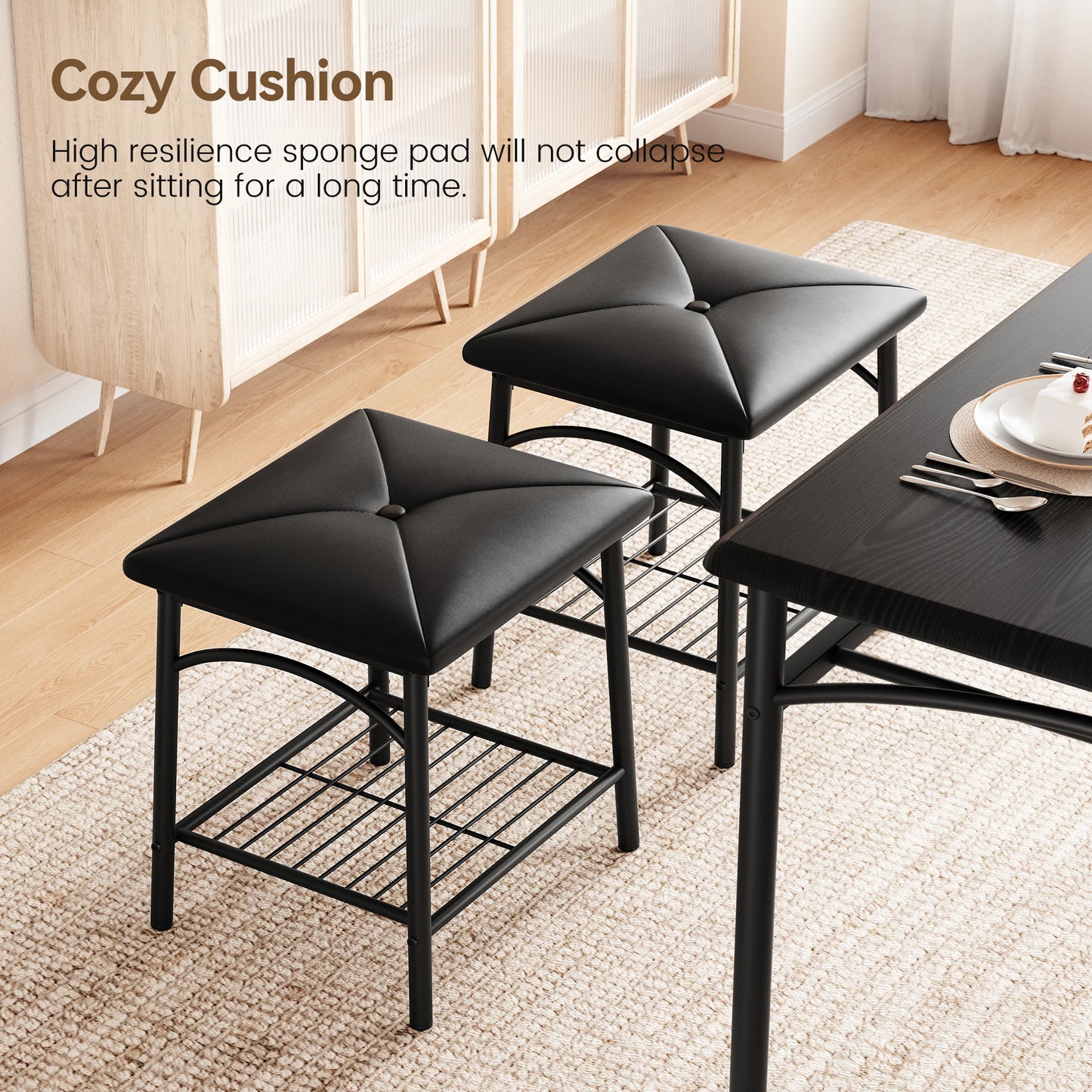 HobbyLane Dining Table Set With Upholstered Bench And Square Stools