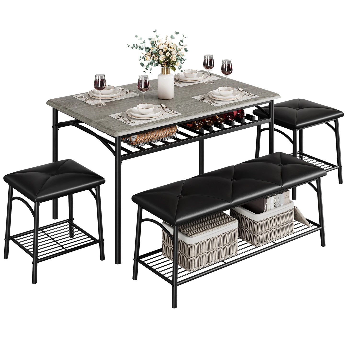 HobbyLane Dining Table Set With Upholstered Bench And Square Stools