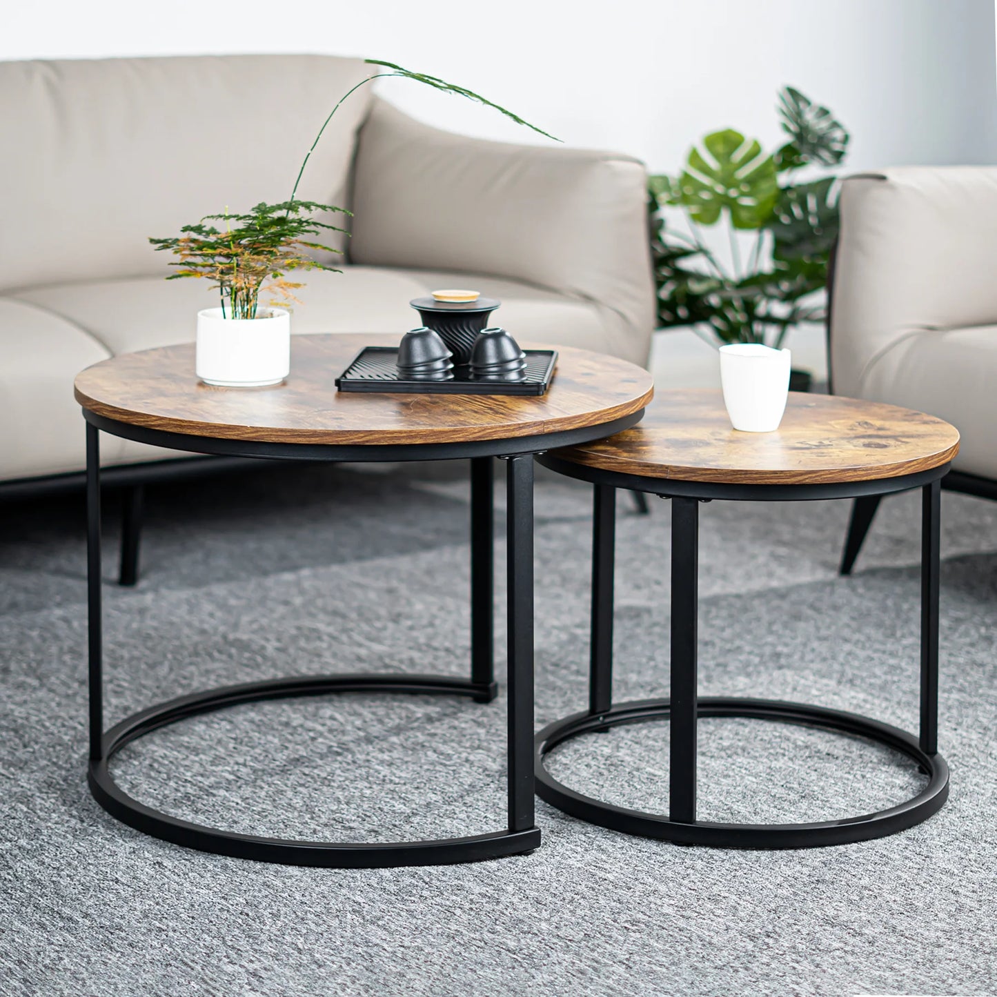 Two Piece Nesting Coffee Tables Set With Rustic Wood Tabletops