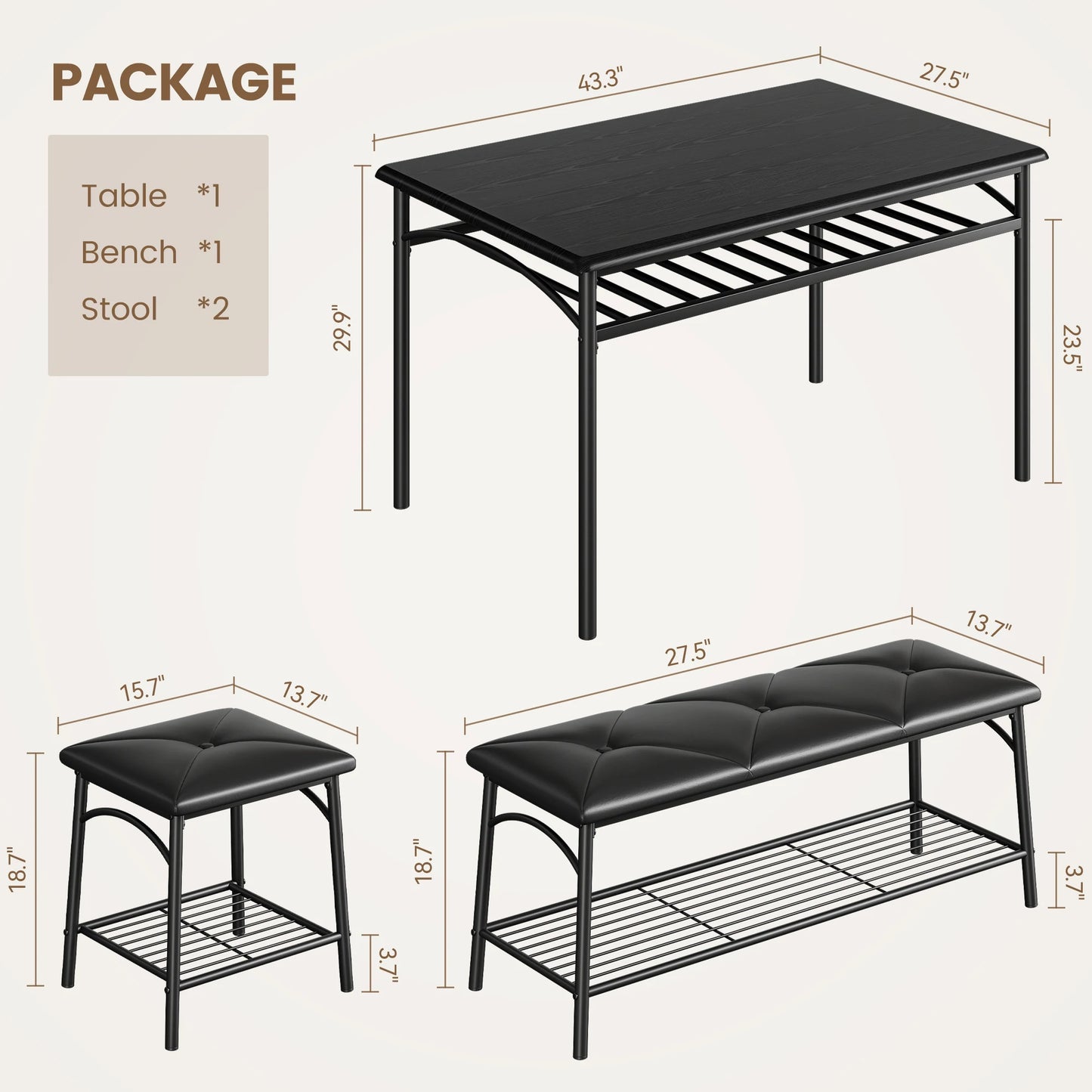 HobbyLane 4-Seat Dining Table Set with Upholstered Bench and Stools