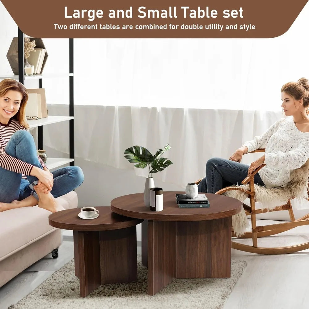 RBXC Round Nesting Coffee Tables Set Of 2 With Wood Grain Finish