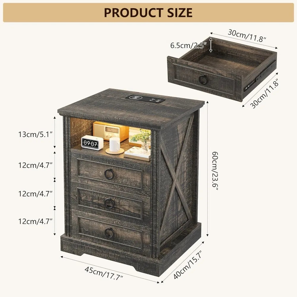 Farmhouse Nightstand With Charging Station And LED Light
