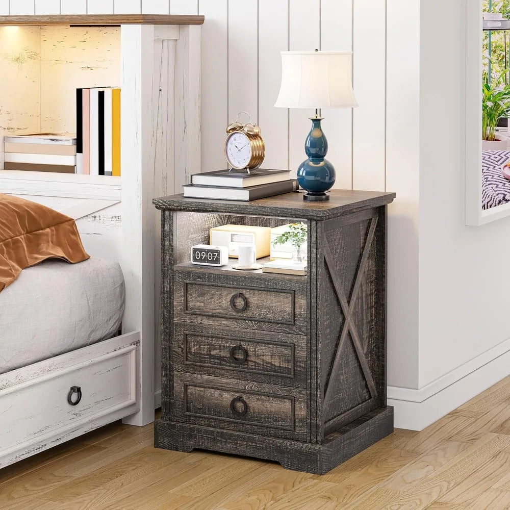Farmhouse Nightstand With Charging Station And LED Light