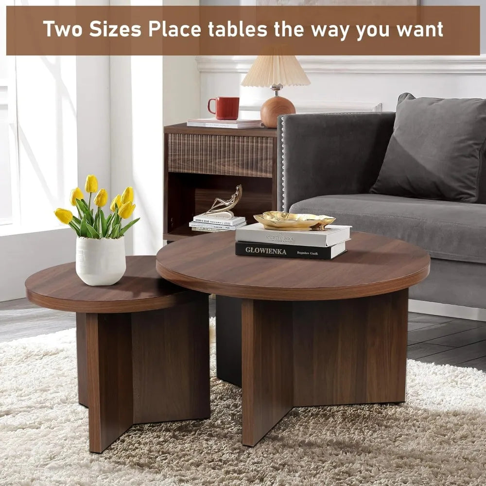 RBXC Round Nesting Coffee Tables Set Of 2 With Wood Grain Finish