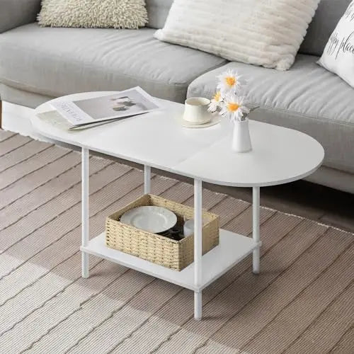 Folded 2 Tier Oval Wood Coffee Table With Storage Shelf