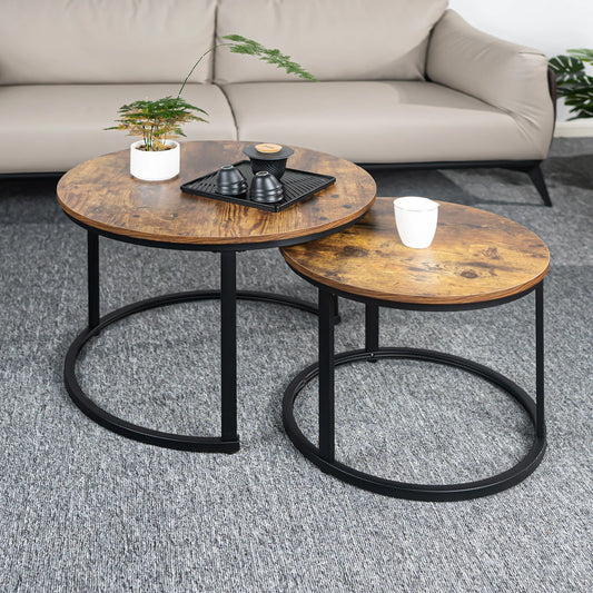 Two Piece Nesting Coffee Tables Set With Rustic Wood Tabletops