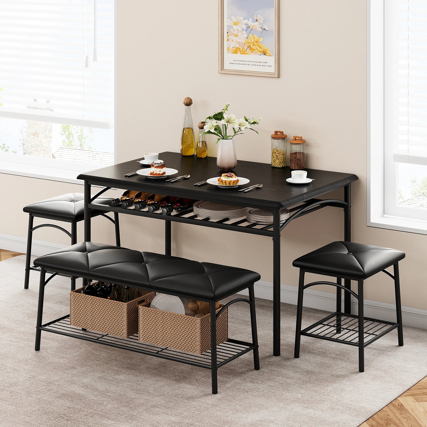 HobbyLane 4-Seat Dining Table Set with Upholstered Bench and Stools