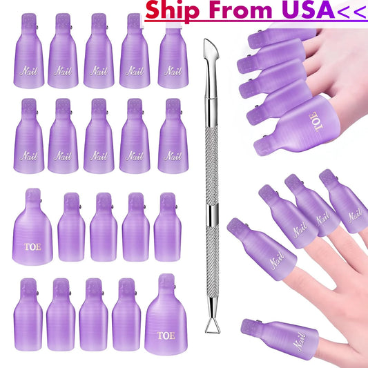 Makartt Gel Nail Polish Remover Clips Kit,With Double Ended Metal Cuticle Pusher,20 pcs Plastic Resuable Finger and Toe