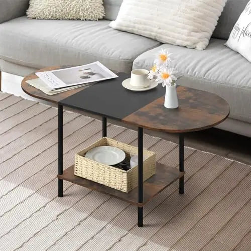 Folded 2 Tier Oval Wood Coffee Table With Storage Shelf