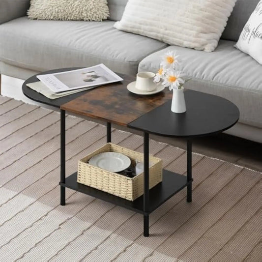 Folded 2 Tier Oval Wood Coffee Table With Storage Shelf