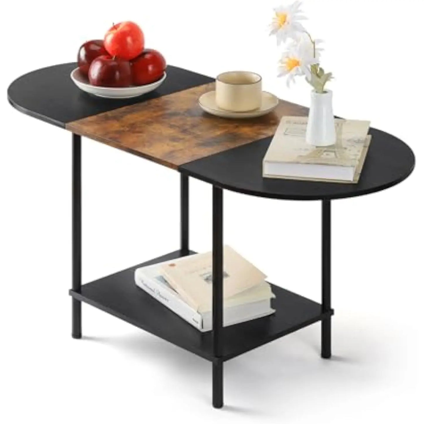 Folded 2 Tier Oval Wood Coffee Table With Storage Shelf