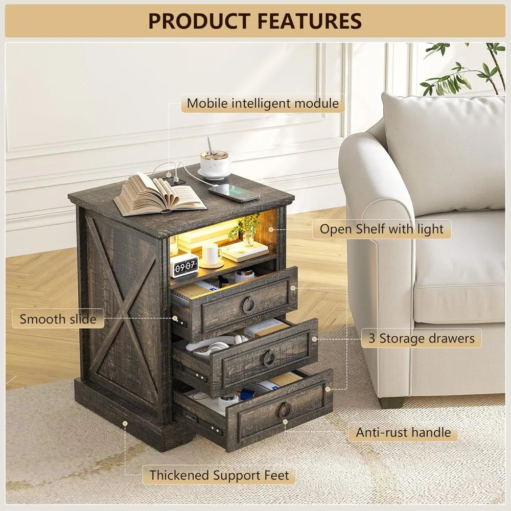 Farmhouse Nightstand With Charging Station And LED Light