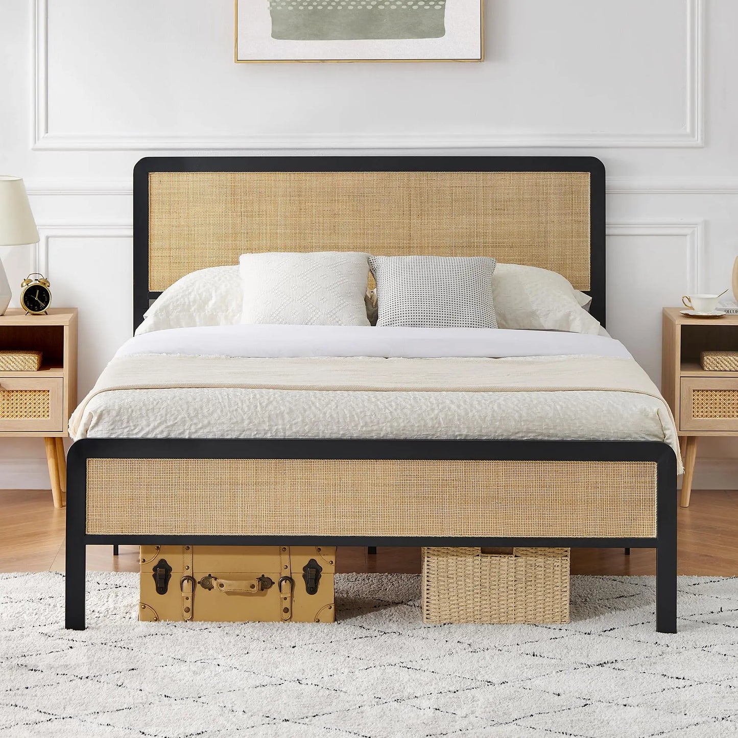 Origin Metal Bed Frame With Rattan Headboard And Footboard Storage