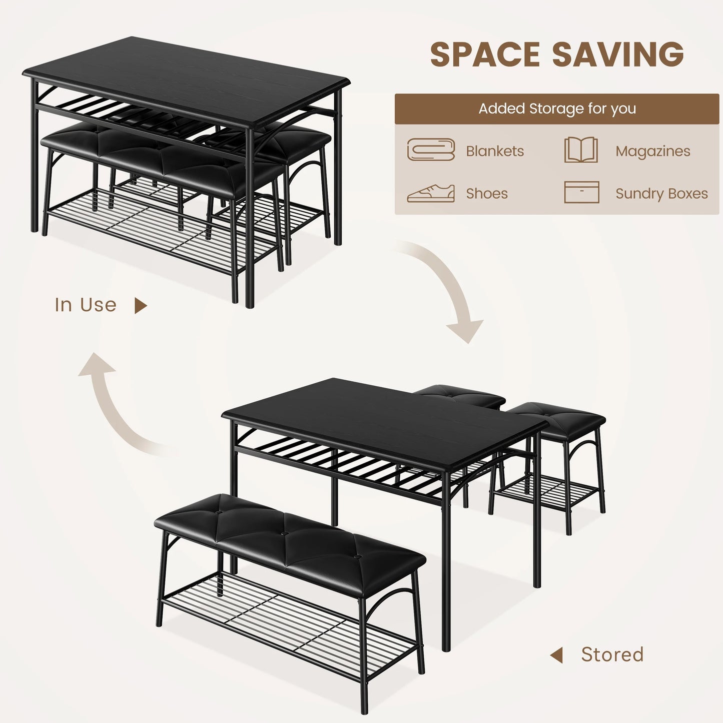 HobbyLane Dining Table Set With Upholstered Bench And Square Stools