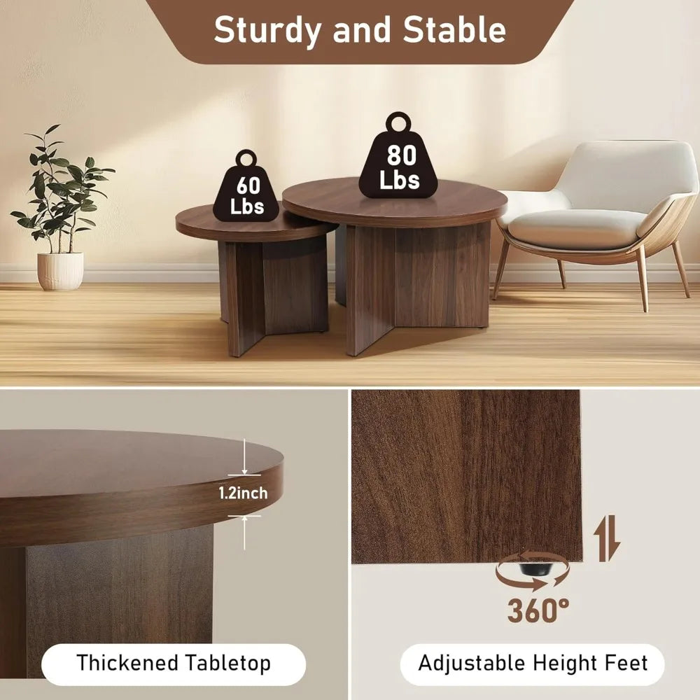 RBXC Round Nesting Coffee Tables Set Of 2 With Wood Grain Finish