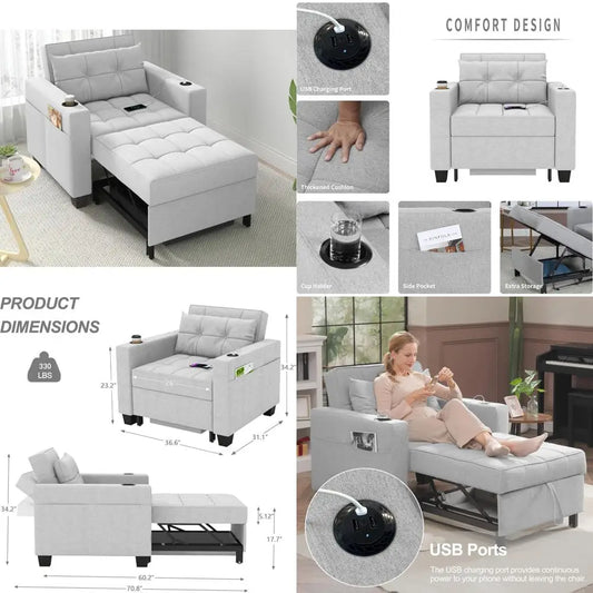 Adjustable 3 In 1 Convertible Sleeper Chair Sofa Bed With USB Ports