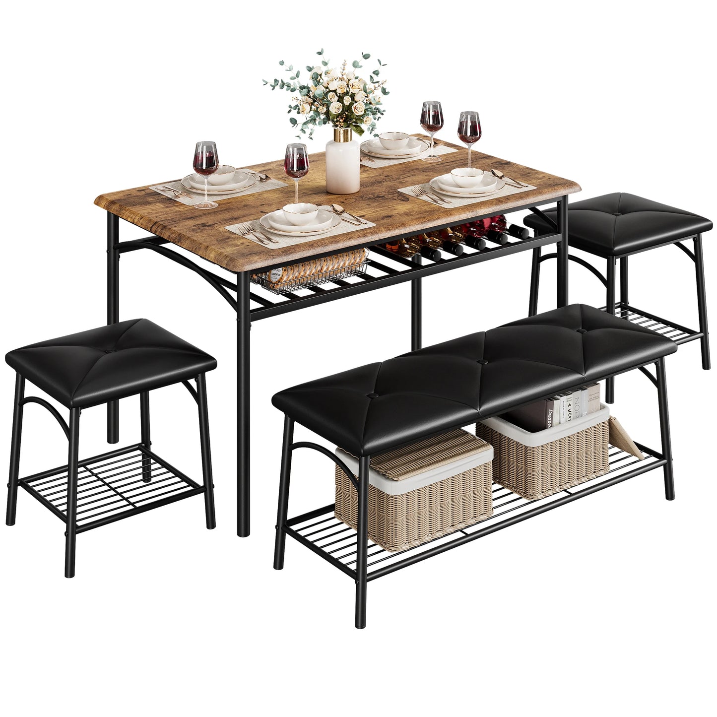 HobbyLane 4-Seat Dining Table Set with Upholstered Bench and Stools