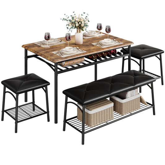 HobbyLane 4-Seat Dining Table Set with Upholstered Bench and Stools