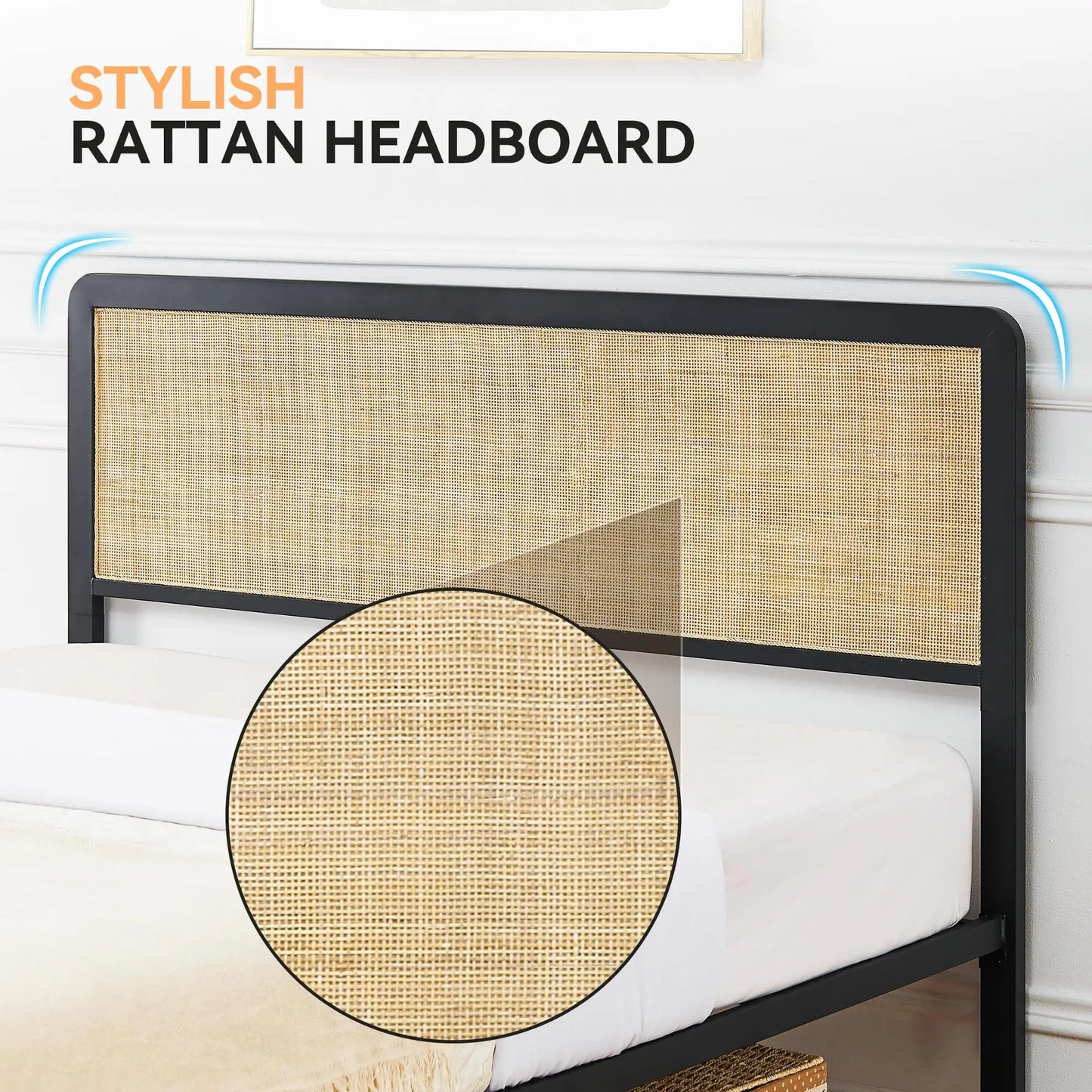 Origin Metal Bed Frame With Rattan Headboard And Footboard Storage