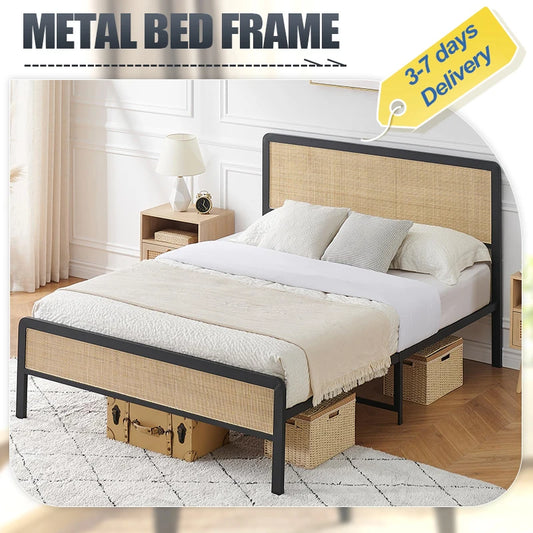 Origin Metal Bed Frame With Rattan Headboard And Footboard Storage
